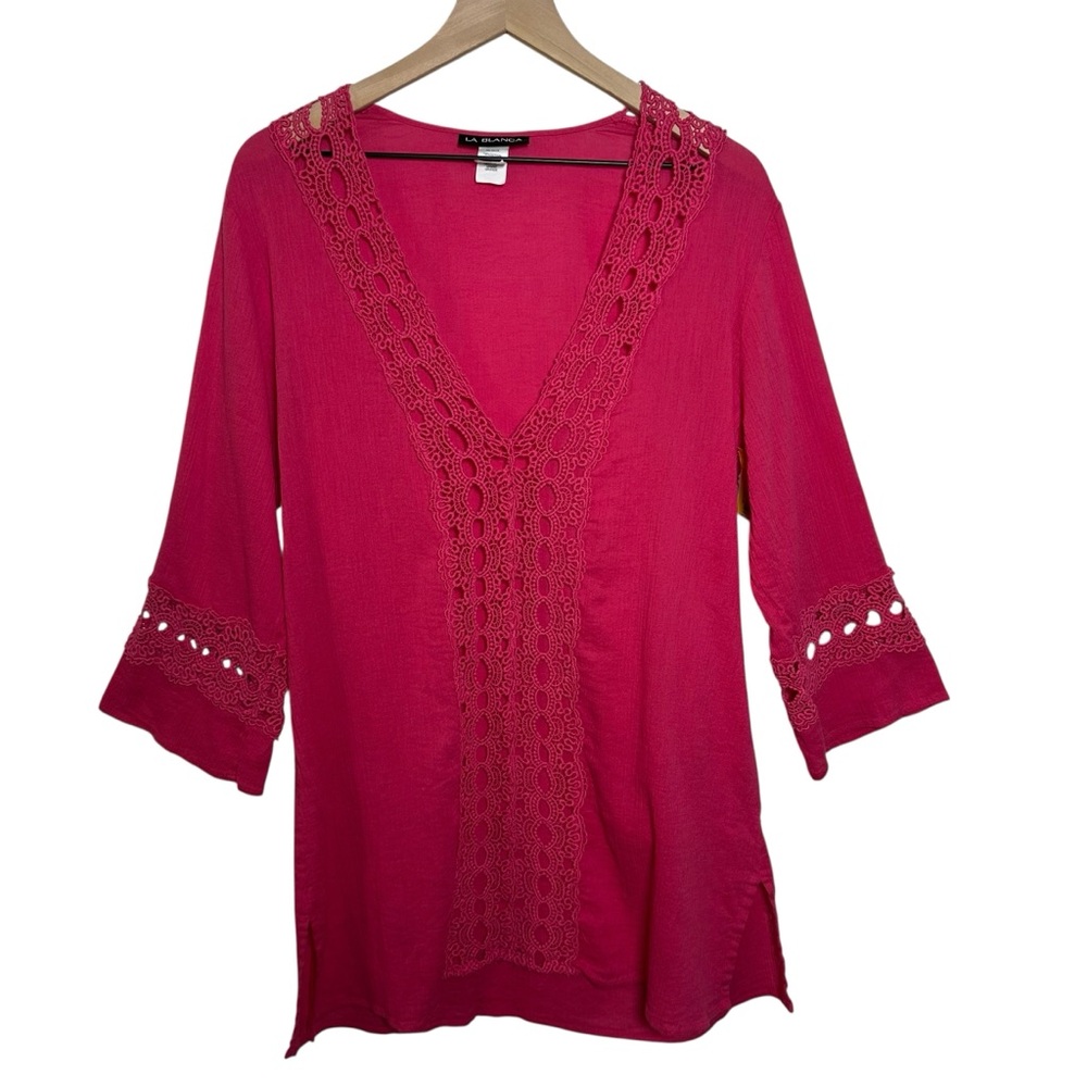 La Blanca Embroidered Lace Swimsuit Cover Up Tunic Dress Large Coral Pink Cruise